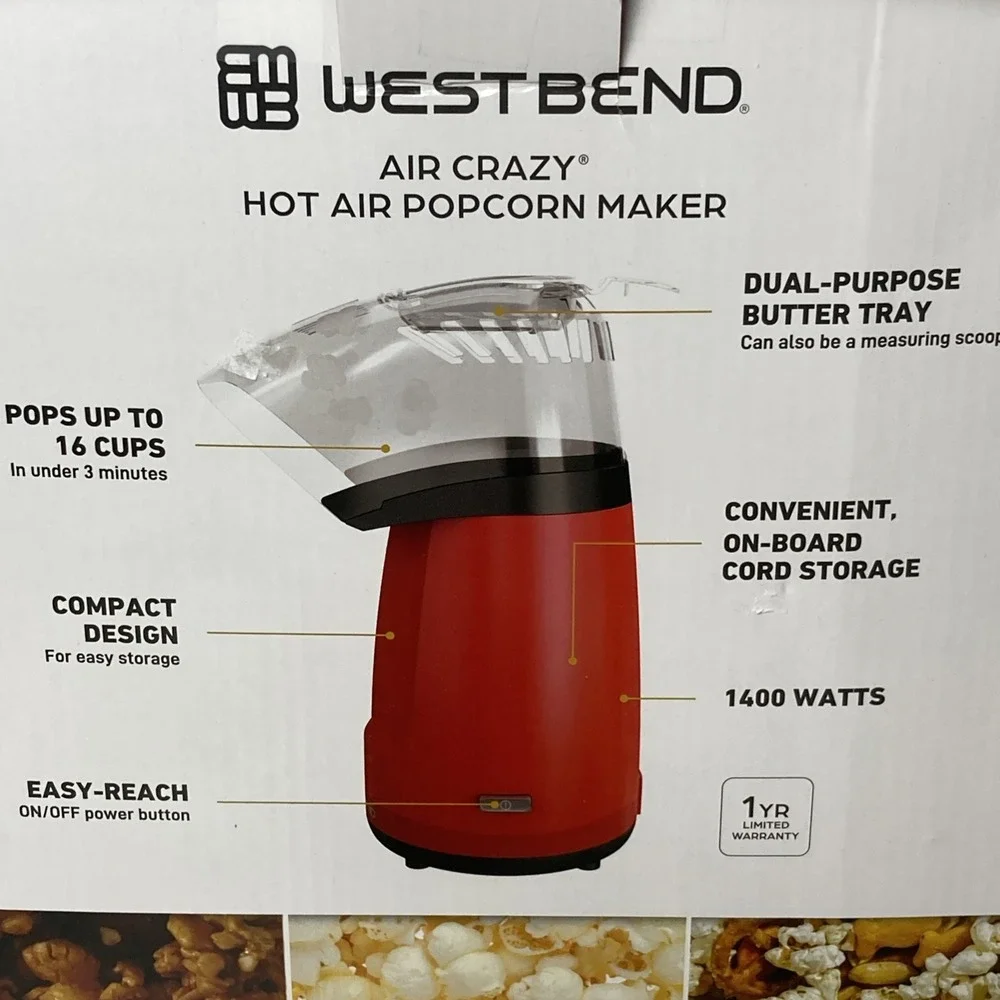 West Bend Air‎ Crazy Hot Air Popcorn Maker, Red, 16 cups, One Touch Operation